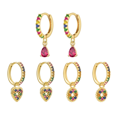 Colorful Zircon Hoop Dangle Earrings Copper Gold Plated Heart Water Drop Geometric Pendants Fashion Jewelry For Women