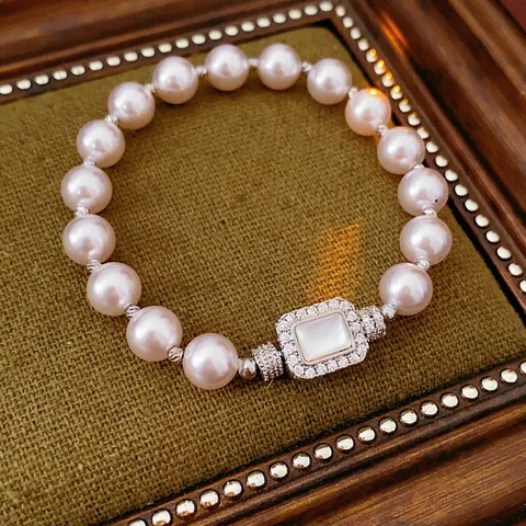 Pulsera De Perlas Artificiales Vintage Francesa Para Mujer Con Hebilla Cuadrada De Diamantes Y Nácar Joyería Elegante