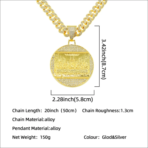 Alloy Rhinestone The Last Supper Round Plate Relief Pendant Necklace Iced Out Hip Hop Punk Bold Cuban Chain For Men