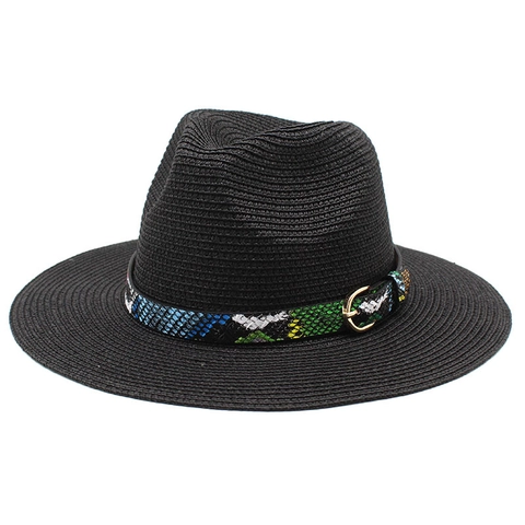 Fedora Straw Hat Wide Brim Sun Protection Summer Beach Jazz Cap With Snake Print Band For Women Men