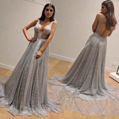 Abito Da Sera Con Paillettes Argentate Scollo A V Profondo Schiena Scoperta Senza Maniche Lungo Abito Da Gran Galà Con Strascico Elegante Abbigliamento Da Festa Formale