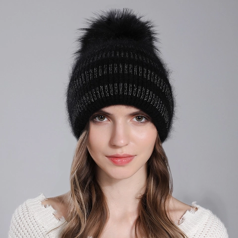 Winter-Strickmütze Für Damen Mit Abnehmbarem Echt-Waschbär-Bommel Angora-Kaschmir Warm Gerippter Silber-Metallic-Faden