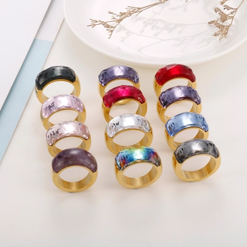Mode Brede Roestvrijstalen Ring Met Grote Edelsteen Geborstelde Afwerking Geometrische Sieraden Cadeau Voor Dames