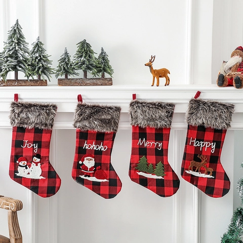 Calza Di Natale Quadri Buffalo Rosso Nero Bordo Pelliccia Sintetica Ricamo Applique Decorazione Appesa Camino Vacanze