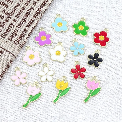 Flower Tulip Charms Alloy Enamel Smiley Face Pendants DIY Jewelry Making Accessories Decorative Craft Supplies