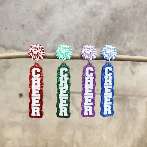 Cheer Mama Hängeohrringe Acryl Glitzer Buchstaben Druck Pom Pom Muttertag Sportlicher Schmuck Damen