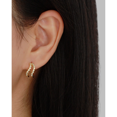 925 Sterling Silver Double Layer Hoop Earrings For Women Luxury Rhinestone Inlaid Geometric Huggie Gold Silver Jewelry