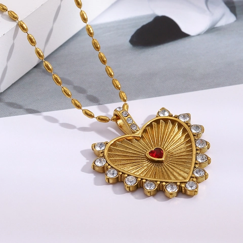 Collana A Catena A Sfere Con Pendente A Cuore Vintage In Acciaio Inossidabile Placcato Oro 18K Con Pietra Rossa E Strass Stile Francese Donna