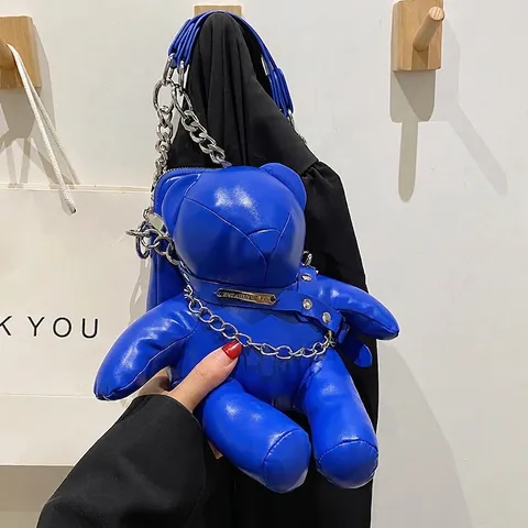 Süße 3D Teddybär Umhängetasche PU Leder Handy Tasche Mit Silberner Metallkette Mode Streetwear Für Frauen Mädchen