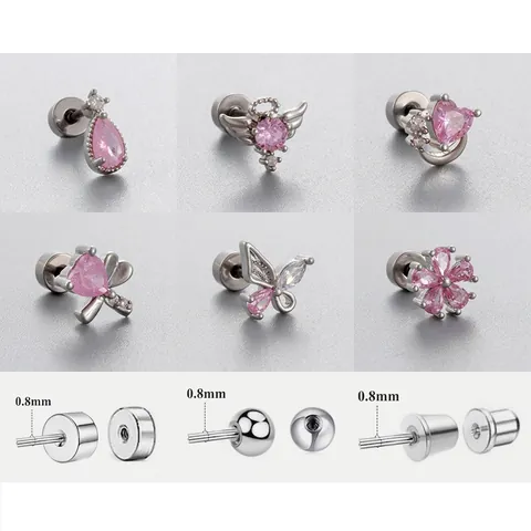 Stainless Steel Cartilage Earrings Pink Zirconia Heart Flower Butterfly Screw Back Piercing Stud Jewelry For Women