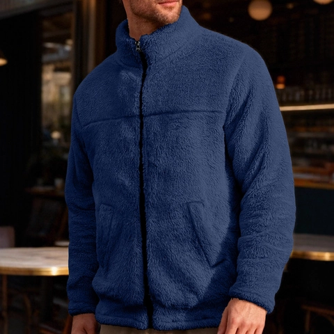 Men Fleece Jacket Stand Collar Zip Up Casual Sherpa Lined Thermal Outerwear Soft Warm Long Sleeve Coat