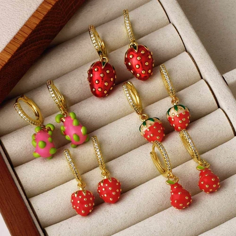 Fruit Hoop Earrings Strawberry Dragon Fruit Enamel Zircon Gold Plated Copper Cute Novelty Dangle Ear Jewelry For Women