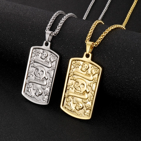 Men Stainless Steel Pendant Necklace Rectangle Tag Embossed Skull Snake Bone Punk Gothic Hip Hop Retro Jewelry Accessory