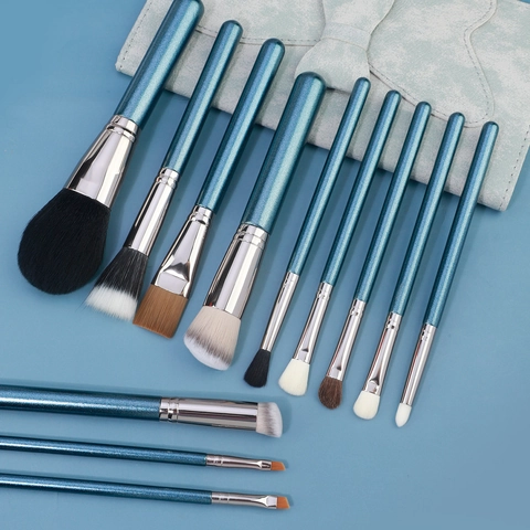 Professional Makeup Brushes With Butterfly Bag Shimmer Blue Wood Handle Synthetic Bristles For Foundation Powder Eye Shadow