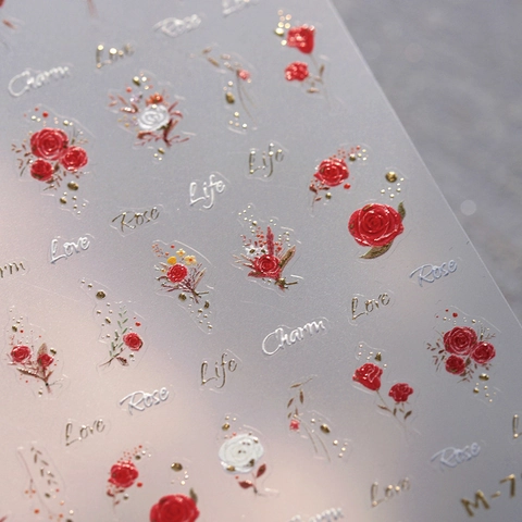 Adesivi Per Unghie Rilievo 5D Rosa Rossa Bianca Fiore Doratura 3D Autoadesivo Decorazione Manicure Fai Da Te