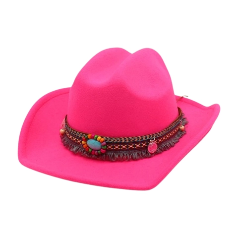 Ethnischer Western Cowboyhut Polyester Filz Breite Krempe Mit Türkis Deko Band Fransen Tassel Retro Stil Für Herren Damen