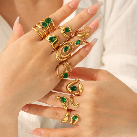 Geometrischer Edelstahl Ring Grüner Zirkon Herz Spirale Vergoldet Nicht Verblassend Verstellbar Offen Mode Schmuck Damen