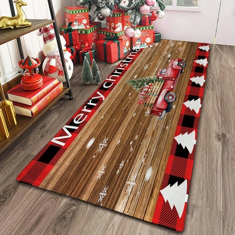 Kerst Deurmat Antislip Polyester Rode Vrachtwagen Kerstboom Houtnerf Geruit Vloerkleed Voor Ingang Keuken