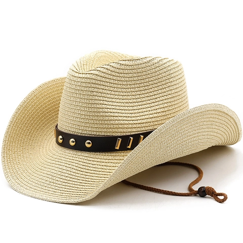 Cappello Da Cowboy In Paglia Intreccio Di Carta Tesa Larga Protezione Solare Spiaggia Con Fascia In Pelle E Cordino