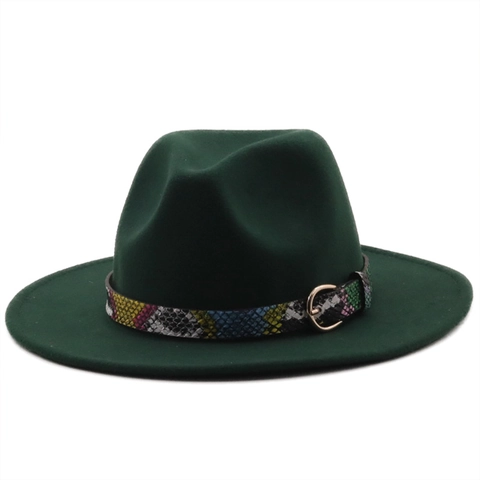 Wide Brim Fedora Hat Wool Felt Jazz Cap With Snakeskin Print Band And Gold Buckle Vintage Style For Men And Women
