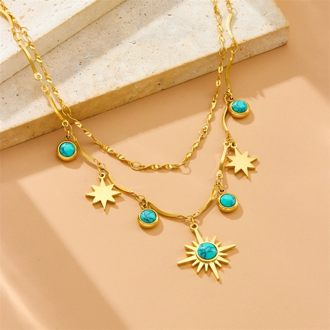 Collier Double Rang Acier Inoxydable Plqué Or Turquoise Pendentifs Étoile Solaire Style Bohème Rétro Pour Femme