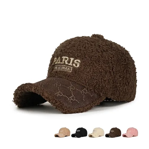Casquette De Baseball En Laine D'agneau Pour Femmes Hiver Chaud Teddy Fleece Paris Broderie Rhinestone Bord Réglable