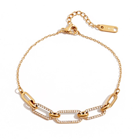 Bracciale Da Donna In Acciaio Inossidabile Placcato Oro 18K Con Pavé Di Zirconi Bianchi Maglie Ovali Gioielli Retro