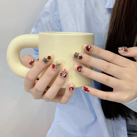Unghie Finte Fatte A Mano Cuore Rosso Fiocco Catena Metallo Teschio Croce Stile Gotico Sweet Forma Bara Donna