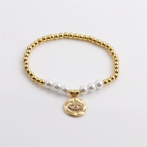 Pulsera Mal de Ojo Cuentas De Cobre E Imitación Perla Artificial Elástica Colgante Circón Joyería Para Mujeres