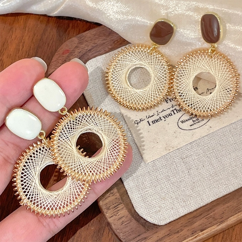 Round Woven Hoop Drop Earrings With 925 Sterling Silver Earring Post Copper Resin Retro Bohemian Geometric Jewelry For Women