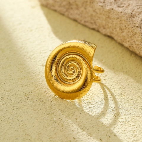 Spiral Muschel Ring Edelstahl Gold Gebürstete Textur Verstellbar Nautischer Strand Schmuck Für Damen