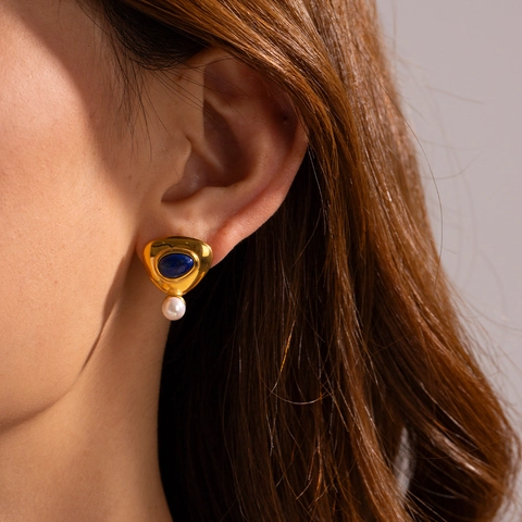 Set di Collana e Orecchini in Acciaio Inossidabile Rétro Francese con Lapislazzuli Intarsiato Ciondolo Geometrico Gioielli da Donna Oro Argento