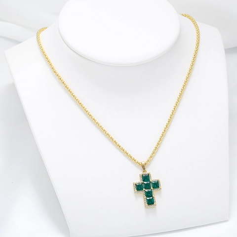 Collana con Pendente a Croce in Rame Hip Hop con Zirconia Quadrata Colorata Catena a Sfere Placcata Oro Argento Gioielli Donna Festa