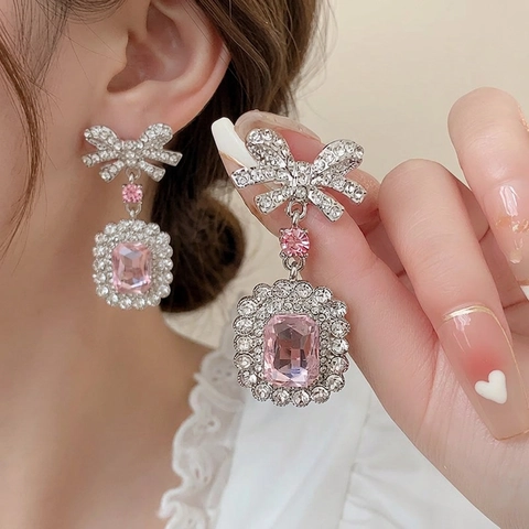 Bowknot Pendant Necklace And Earrings Pink Zircon Crystal Alloy Clavicle Chain Jewelry For Women Elegant Fashion