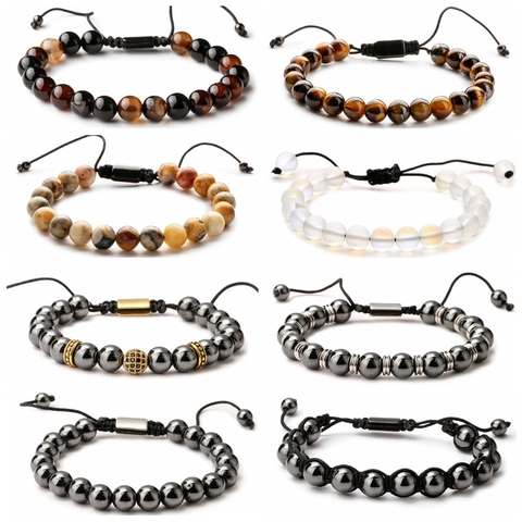 Handmade Natural Tiger Eye Agate Hematite Beaded Bracelet Woven Adjustable Cord Unisex Jewelry