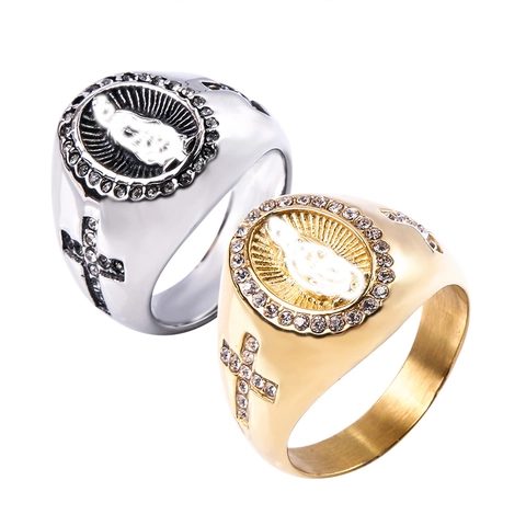 Anello Da Uomo In Acciaio Al Titanio Retro Religioso Rilievo Vergine Maria Croce Strass Intarsiato Stile Hiphop Gioielli