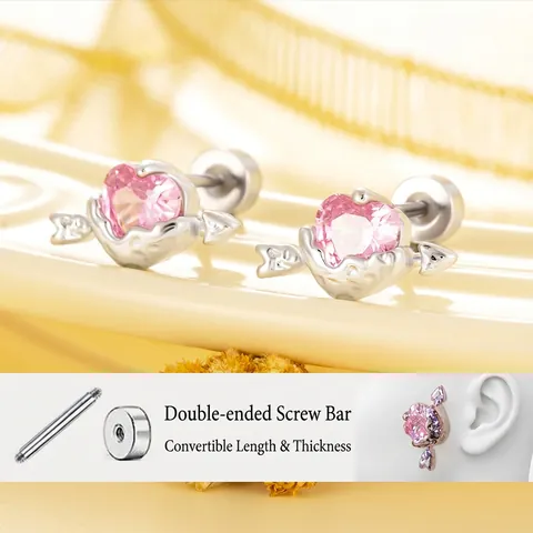 Pink Heart Zircon Cupid Arrow Cartilage Stud Earrings Titanium Steel Screw Back Piercing Jewelry For Women