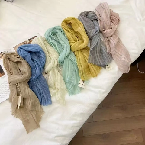 Sciarpa In Cotone E Lino Sottile Traspirante A Righe Protezione Solare Foulard Stile Coreano Elegante Versatile Moda Scialle Lungo