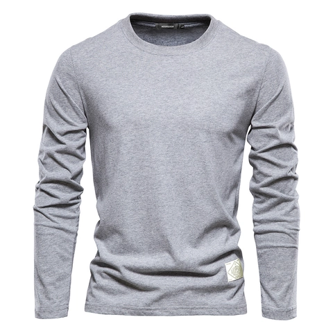 Men Long Sleeve T-Shirt Pure Cotton Knitted Crew Neck Solid Color Slim Fit Casual Base Layer Top