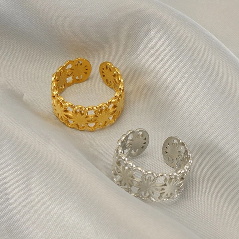 Anillo De Flor Calado Acero De Titanio Ajustable Banda Abierta Joyería De Moda Geométrica Para Mujer