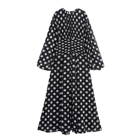 Polka Dot Maxi Dress Chiffon Long Sleeve Square Neck High Waist Pleated Elegant Retro Party Long Dress For Women