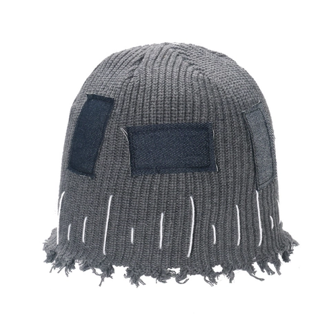 Berretto In Maglia Distressed Acrilico Bordi Sfilacciati Patchwork Denim Streetwear Giapponese Retrò Cappello Caldo Invernale