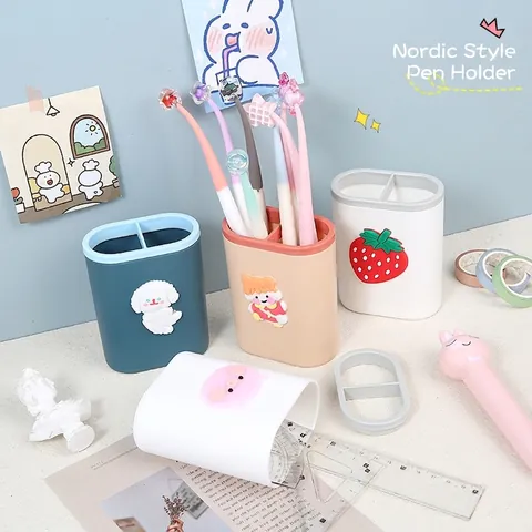 Pencil Cup Pen Holder Desktop Organizer Plastic Dual Compartment For Stationery Makeup Brush Nordic Style Cute 3D Patch