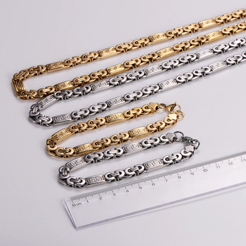 Collar Y Pulsera Para Hombre Cadena Bizantina De Acero Inoxidable 316L Patrón Griego Joyería Hip Hop