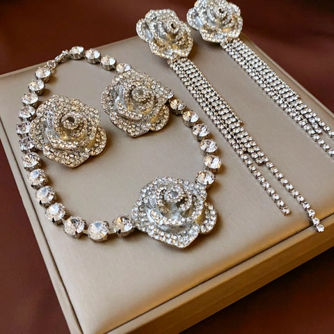 Rose Flower Rhinestone Necklace And Long Tassel Earrings With Silver Earring Post For Women Sparkling Copper Jewelry Gift