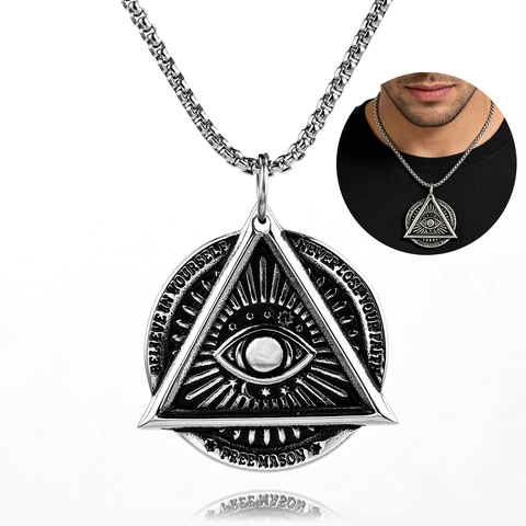 All Seeing Eye Pendant Necklace Stainless Steel Triangle Eye Of Providence Vintage Masonic Faith Quote Jewelry For Men