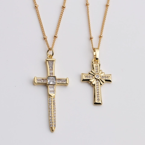 Cross Pendant Necklace Copper Cubic Zirconia Sparkling Gold Plated Bead Chain Jewelry For Women