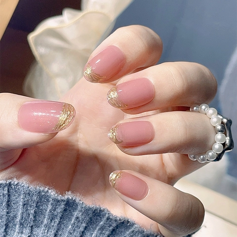 Uñas Postizas Francesas Pan De Oro Puntas De Brillo Rosa Empolvado Nude Brillante Cortas Redondas Uñas Artificiales Mujer