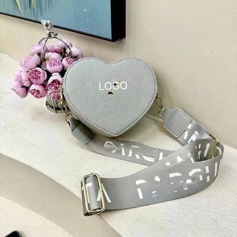 Heart Shaped Crossbody Bag For Women PU Leather Small Shoulder Bag With Wide Letter Print Strap Trendy Solid Color Bag
