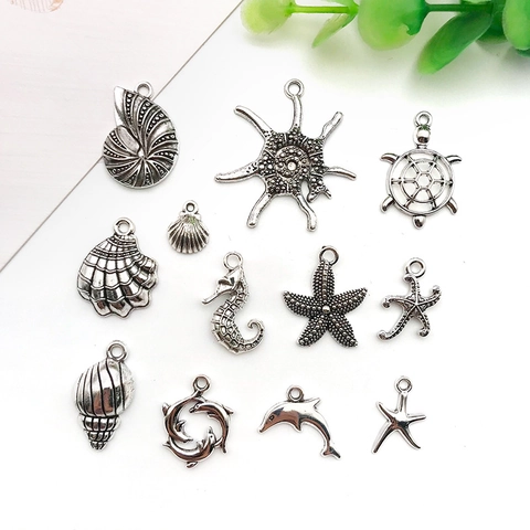 Vintage Antiek Zilveren Legering Oceaan Zeedieren Charms Schelp Zeester Dolfijn Zeepaardje Schildpad Hangers Voor DIY